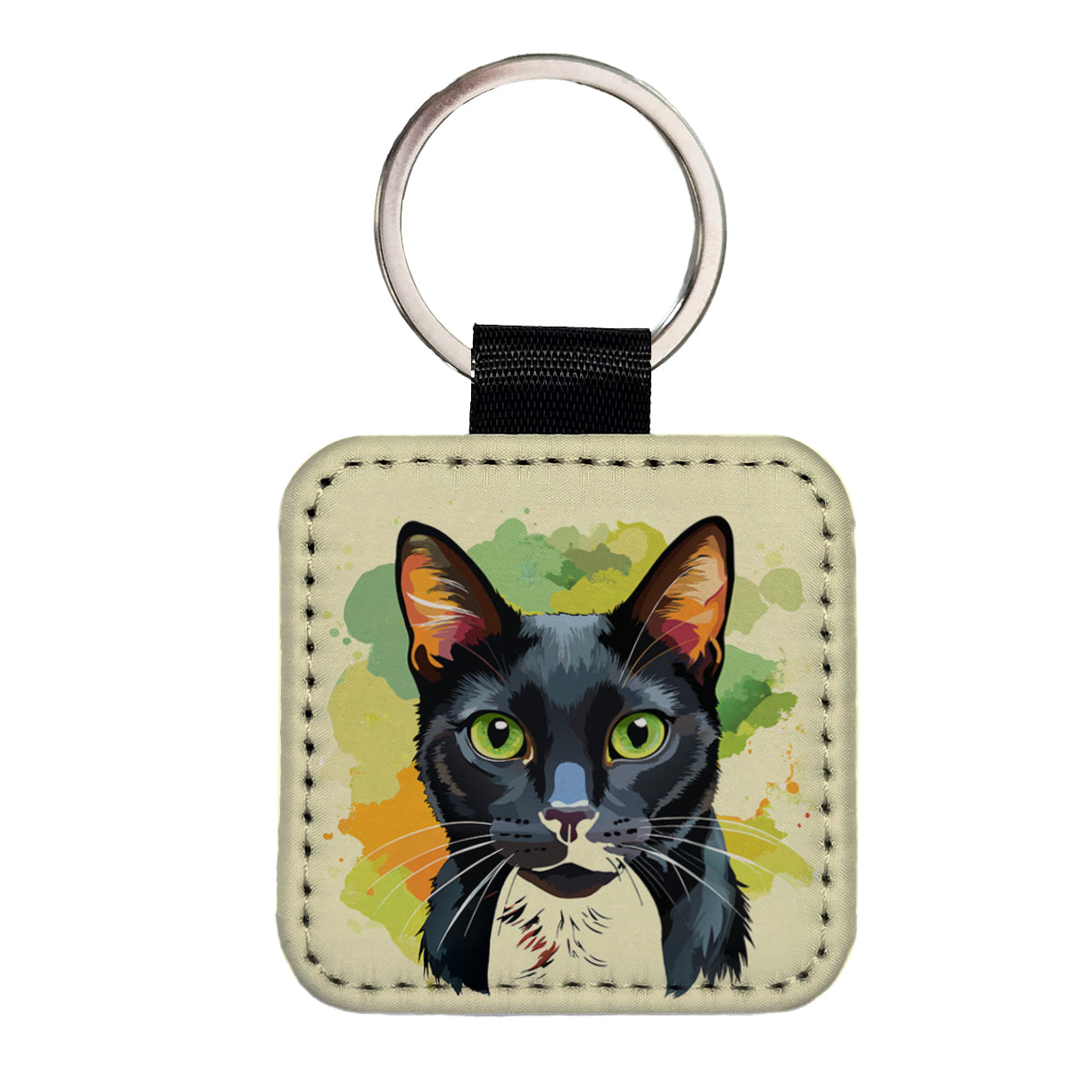 Black Cat Watercolor Square Faux Leather Keychain