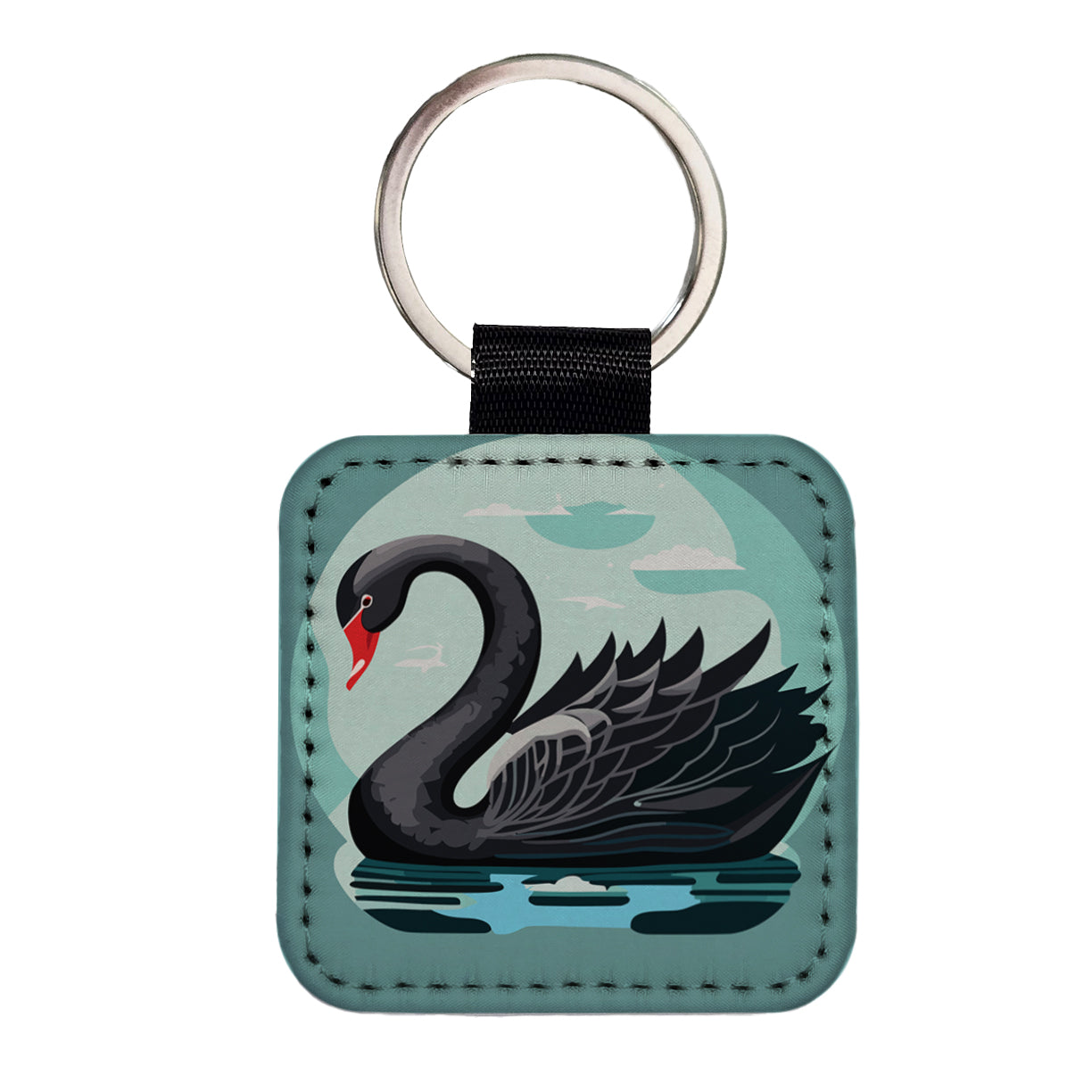 Black Swan Swimming Square Faux Leather Keychain