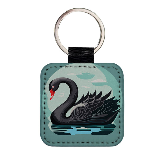 Black Swan Swimming Square Faux Leather Keychain