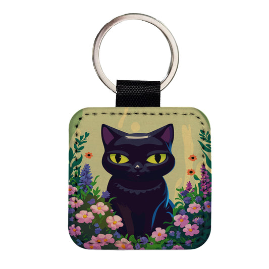 Black White Cat in Flower Garden Square Faux Leather Keychain
