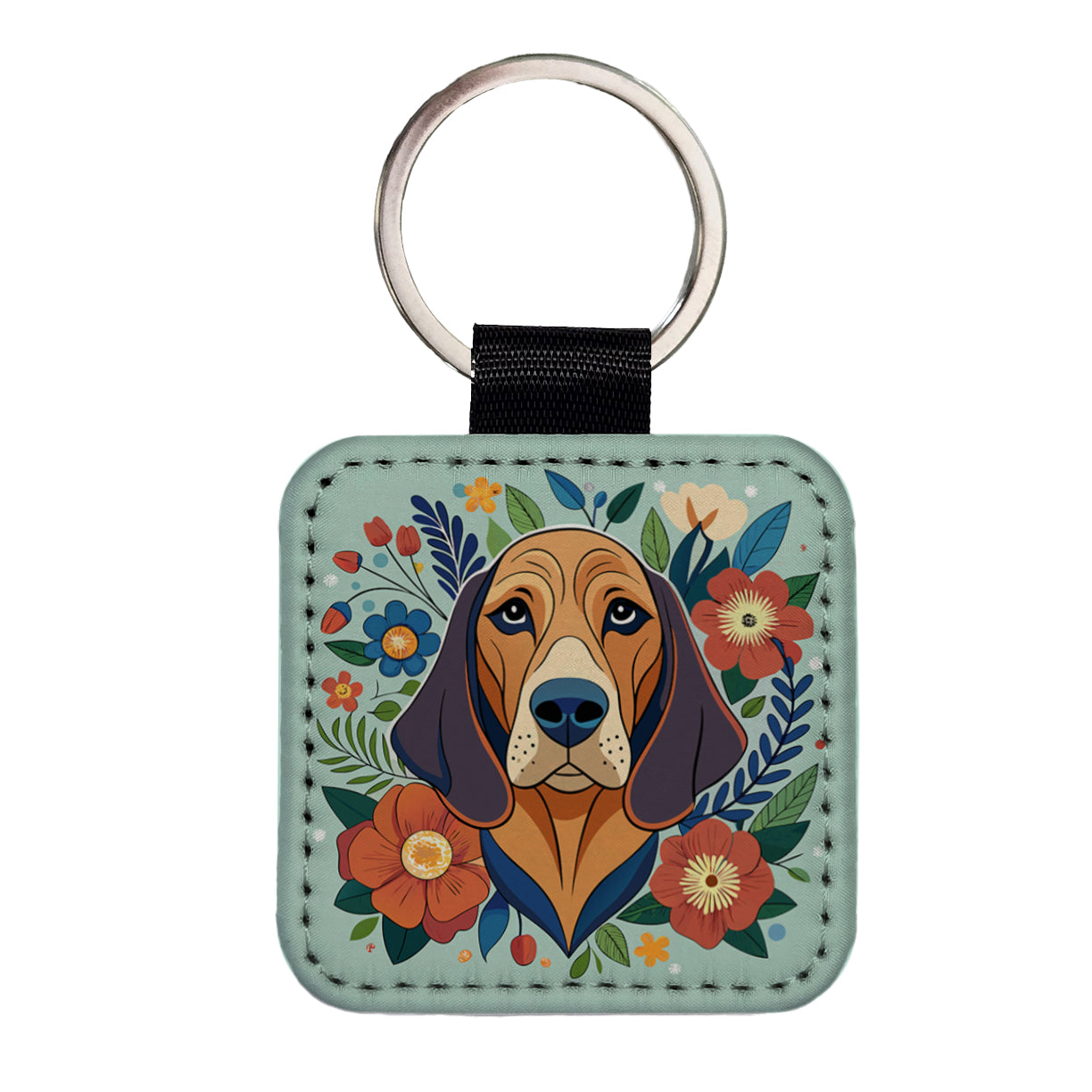 Bloodhound Dog Floral Flowers Square Faux Leather Keychain