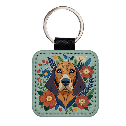 Bloodhound Dog Floral Flowers Square Faux Leather Keychain