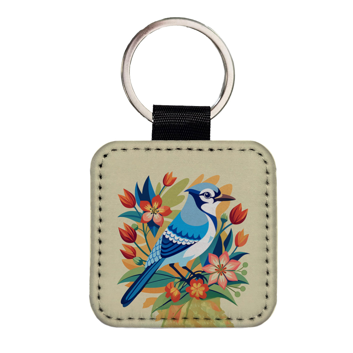 Blue Jay Floral Flowers Square Faux Leather Keychain