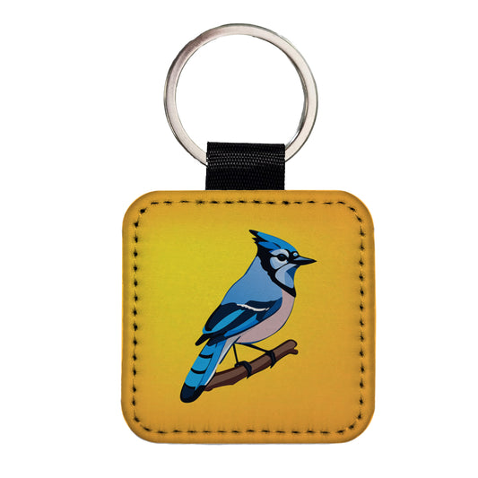 Blue Jay on Branch Square Faux Leather Keychain
