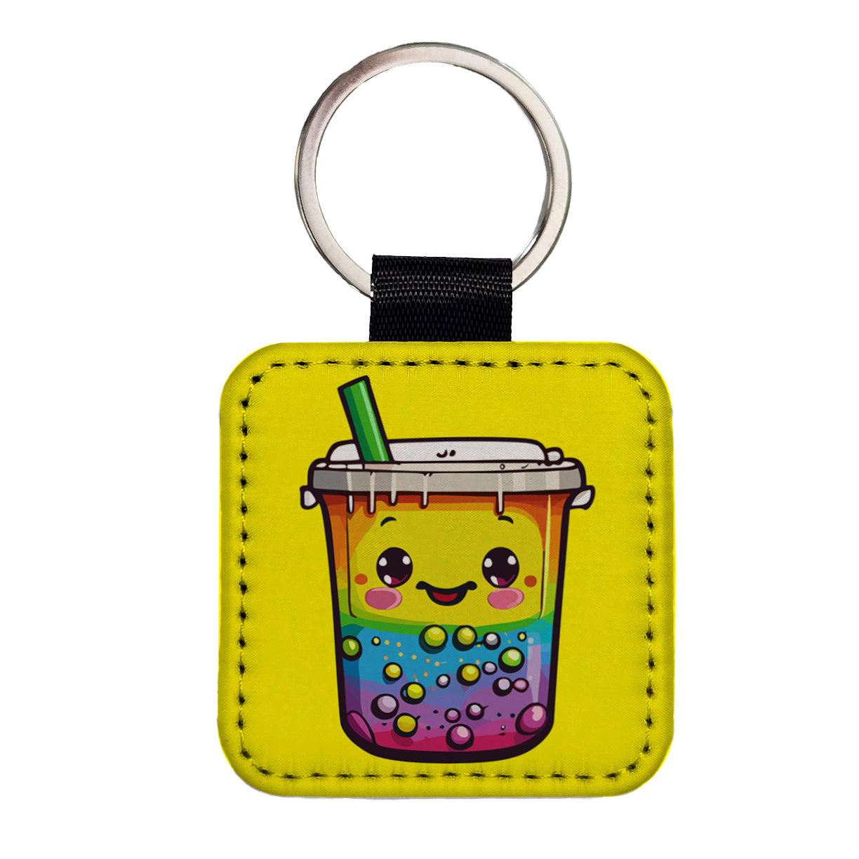 Boba Bubble Tea Rainbow Cute Square Faux Leather Keychain