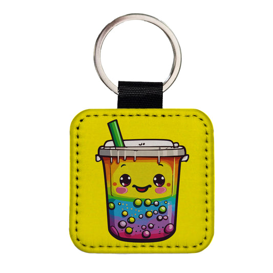 Boba Bubble Tea Rainbow Cute Square Faux Leather Keychain