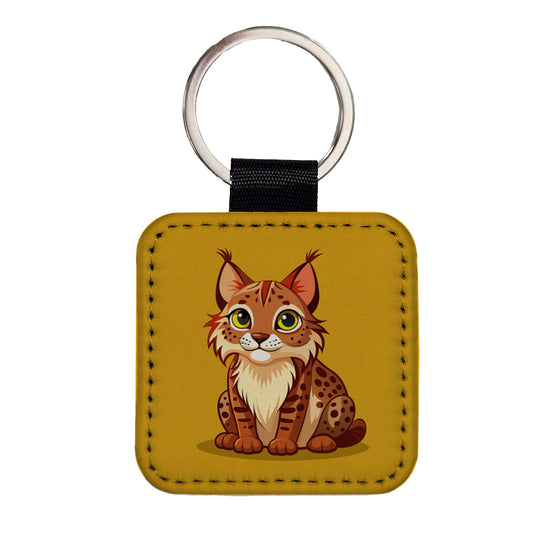 Bobcat Cute Square Faux Leather Keychain