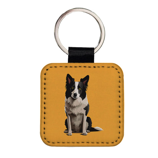 Border Collie Sitting Square Faux Leather Keychain