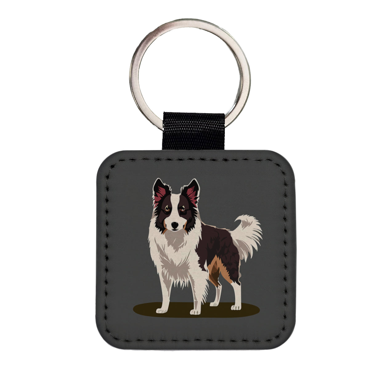 Border Collie Standing Square Faux Leather Keychain