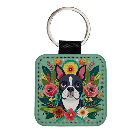 Boston Terrier Dog Floral Flowers Square Faux Leather Keychain