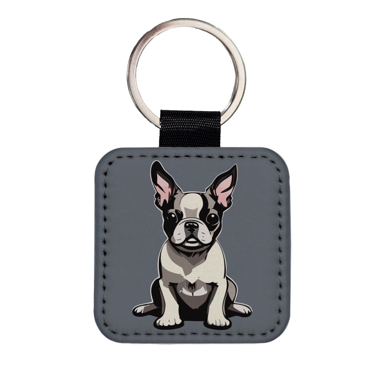 Boston Terrier Dog Sitting Square Faux Leather Keychain