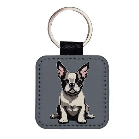 Boston Terrier Dog Sitting Square Faux Leather Keychain