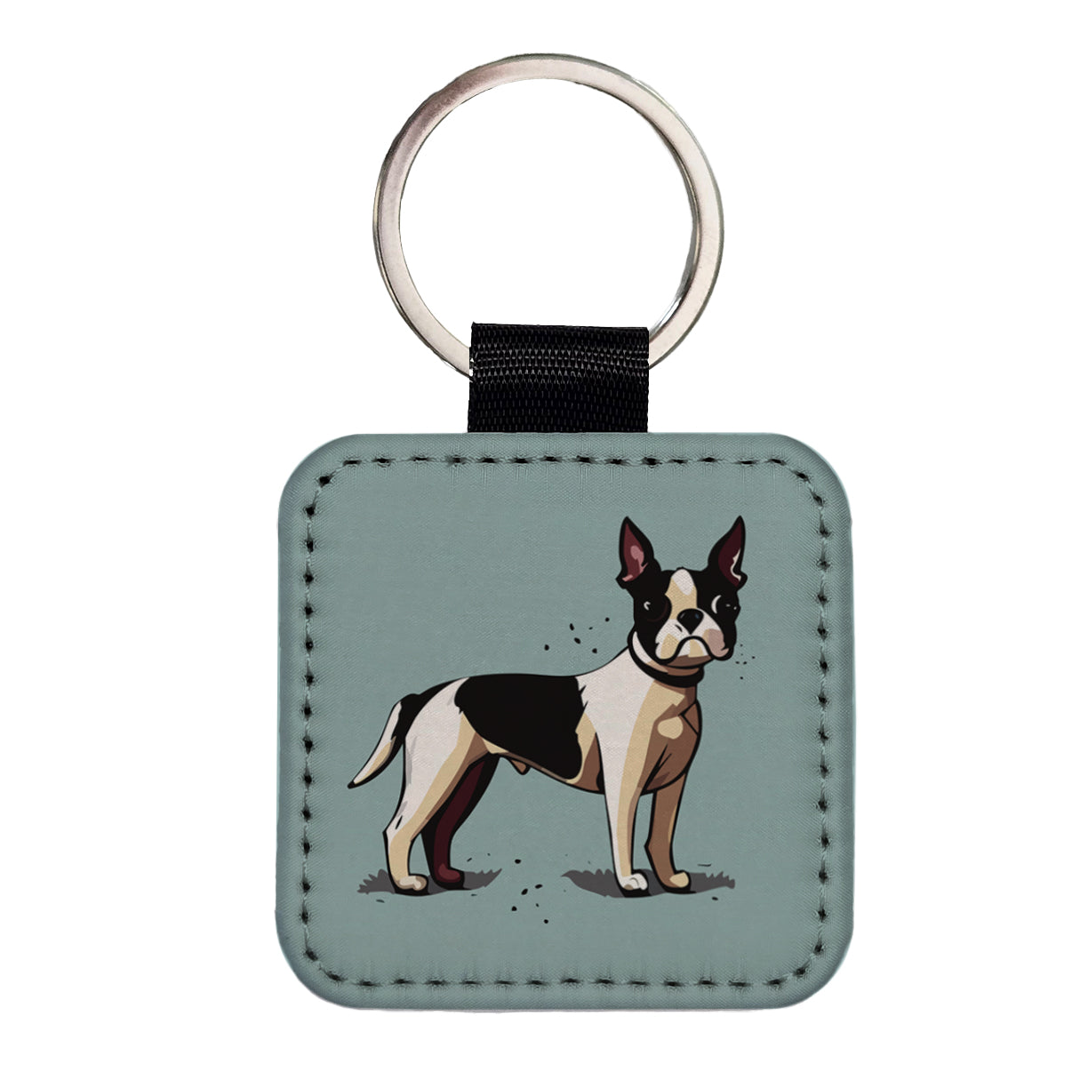 Boston Terrier Dog Standing Square Faux Leather Keychain
