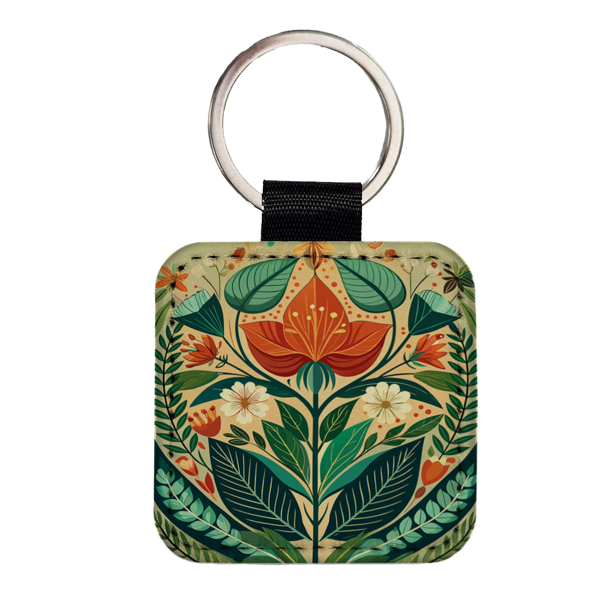 Botanical Floral Art Nouveau Design Square Faux Leather Keychain