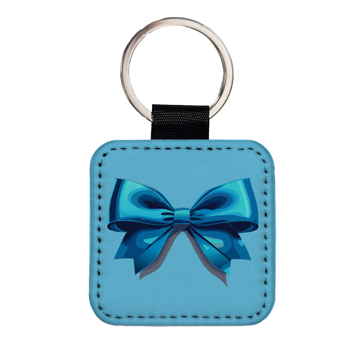 Bow Cheerleading Coquette Blue Square Faux Leather Keychain