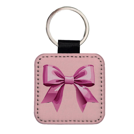 Bow Cheerleading Coquette Pink Square Faux Leather Keychain