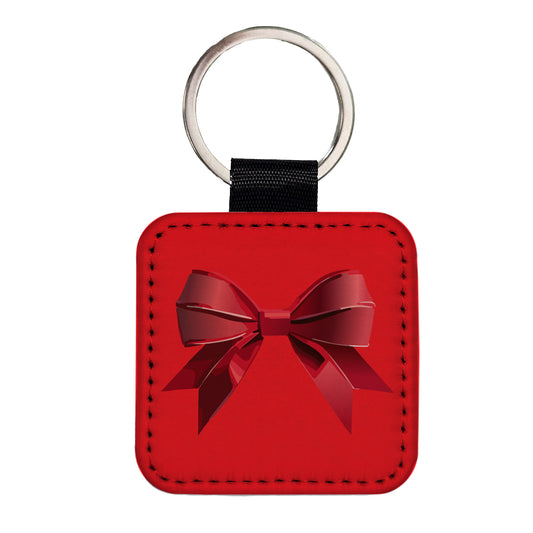 Bow Cheerleading Coquette Red Square Faux Leather Keychain