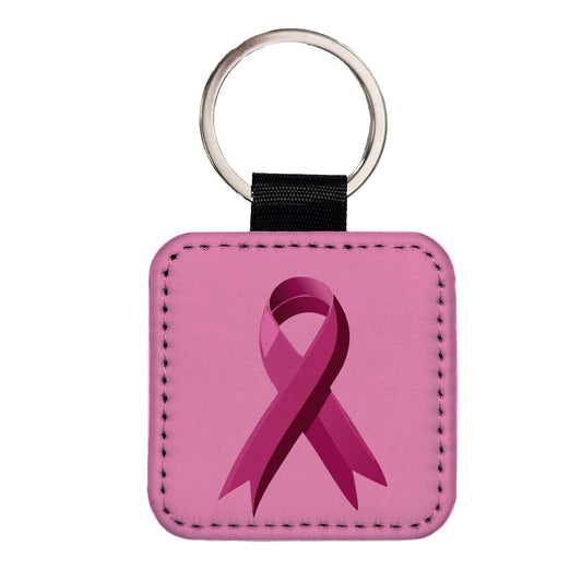 Breast Cancer Awareness Ribbon Pink Square Faux Leather Keychain