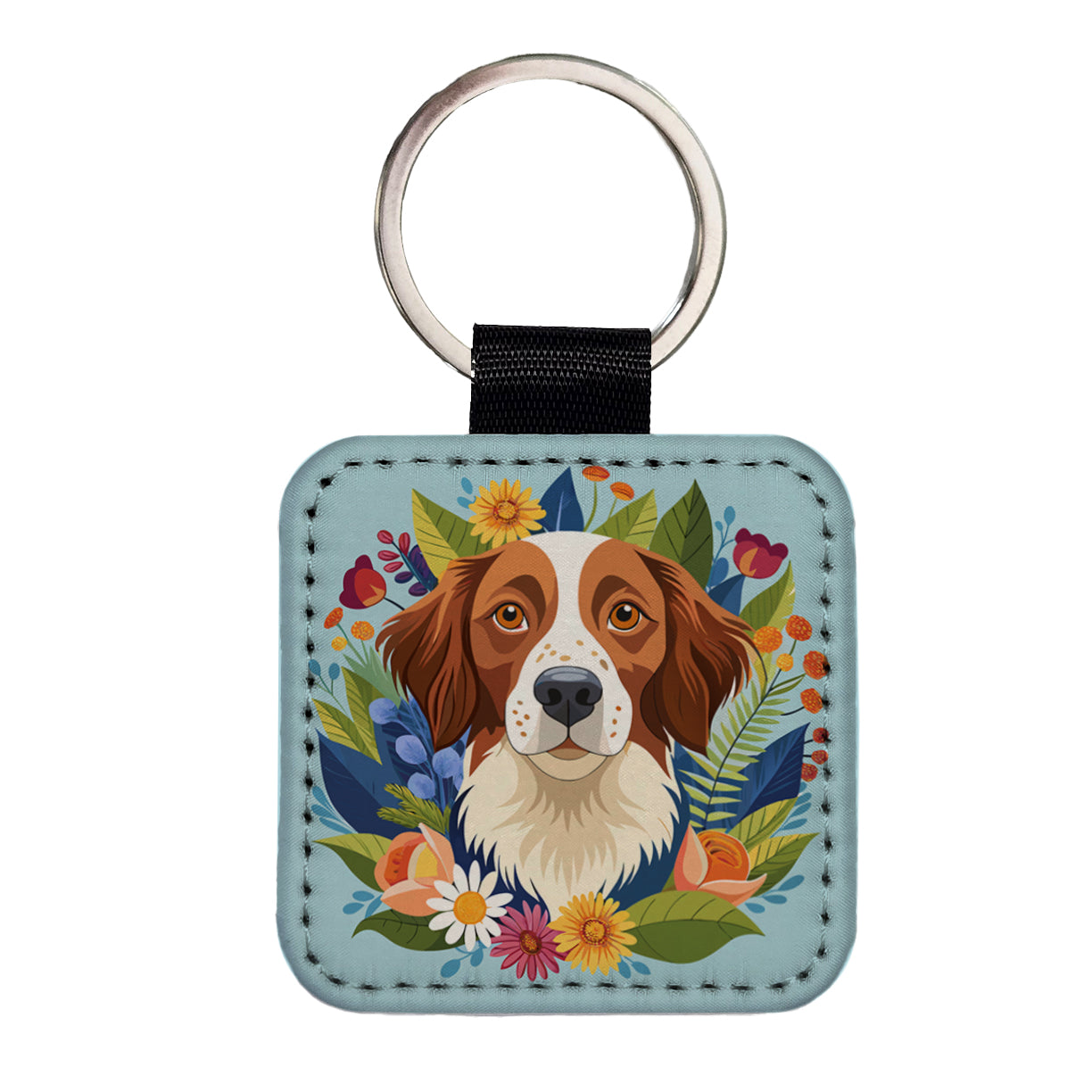 Brittany Spaniel Dog Floral Flowers Square Faux Leather Keychain