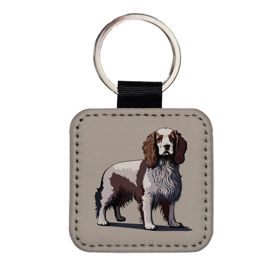 Brittany Spaniel Dog Standing Square Faux Leather Keychain