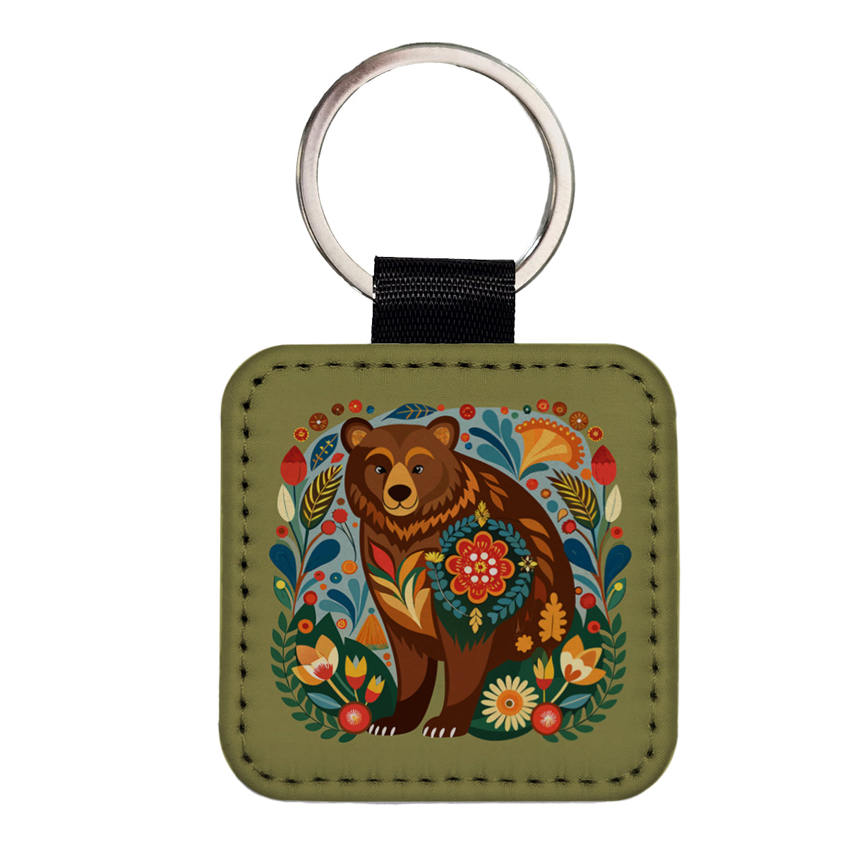 Brown Bear Floral Motif Square Faux Leather Keychain