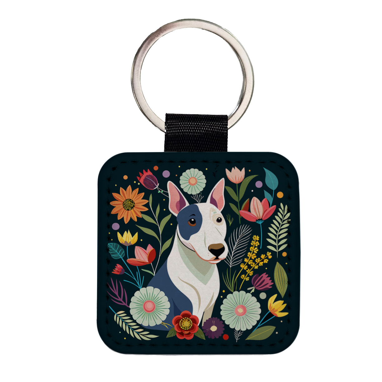 Bull Terrier Dog Floral Flowers Square Faux Leather Keychain