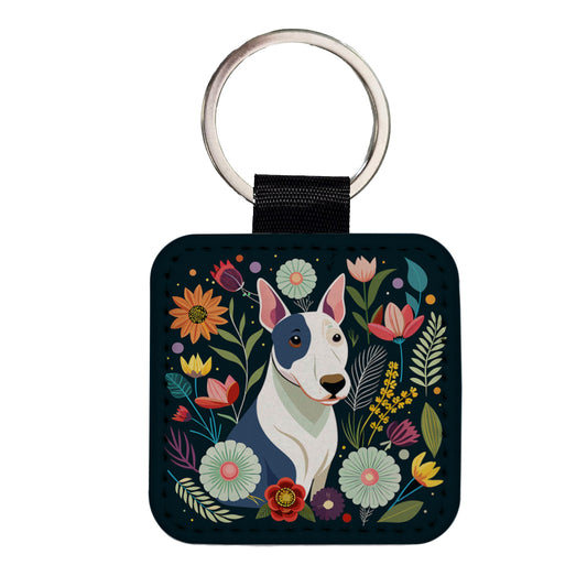 Bull Terrier Dog Floral Flowers Square Faux Leather Keychain