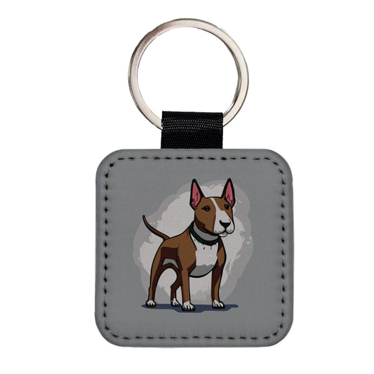 Bull Terrier Dog Standing Square Faux Leather Keychain