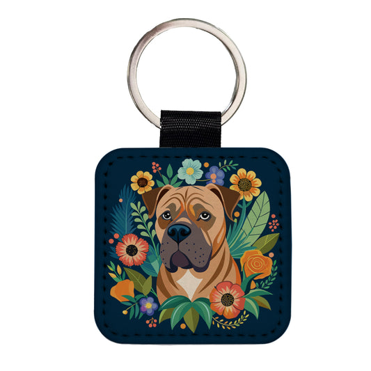 Bullmastiff Dog Floral Flowers Square Faux Leather Keychain