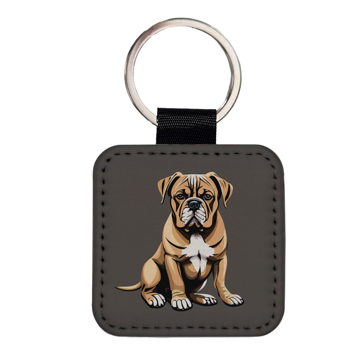 Bullmastiff Dog Sitting Square Faux Leather Keychain