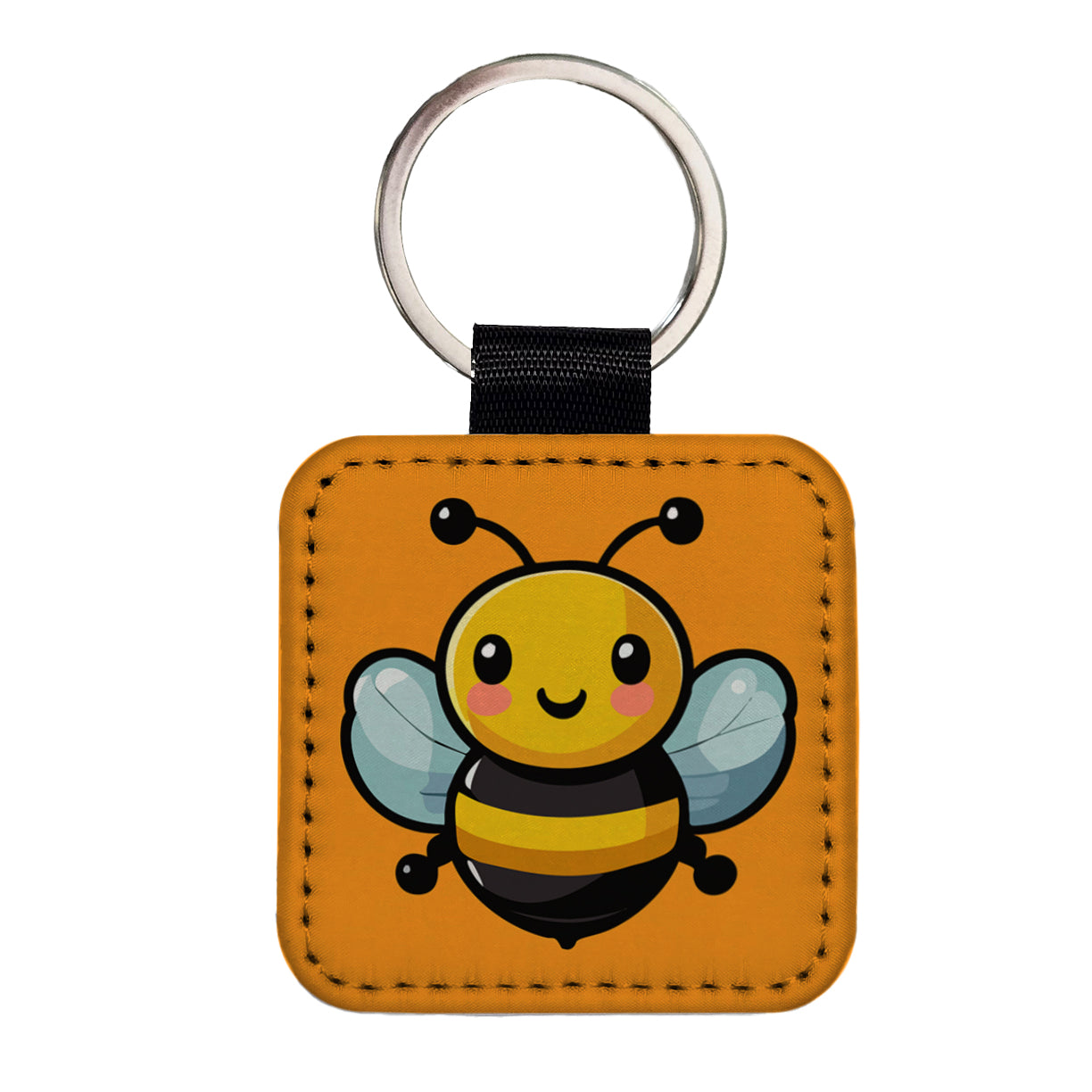 Bumble Bee Happy Square Faux Leather Keychain