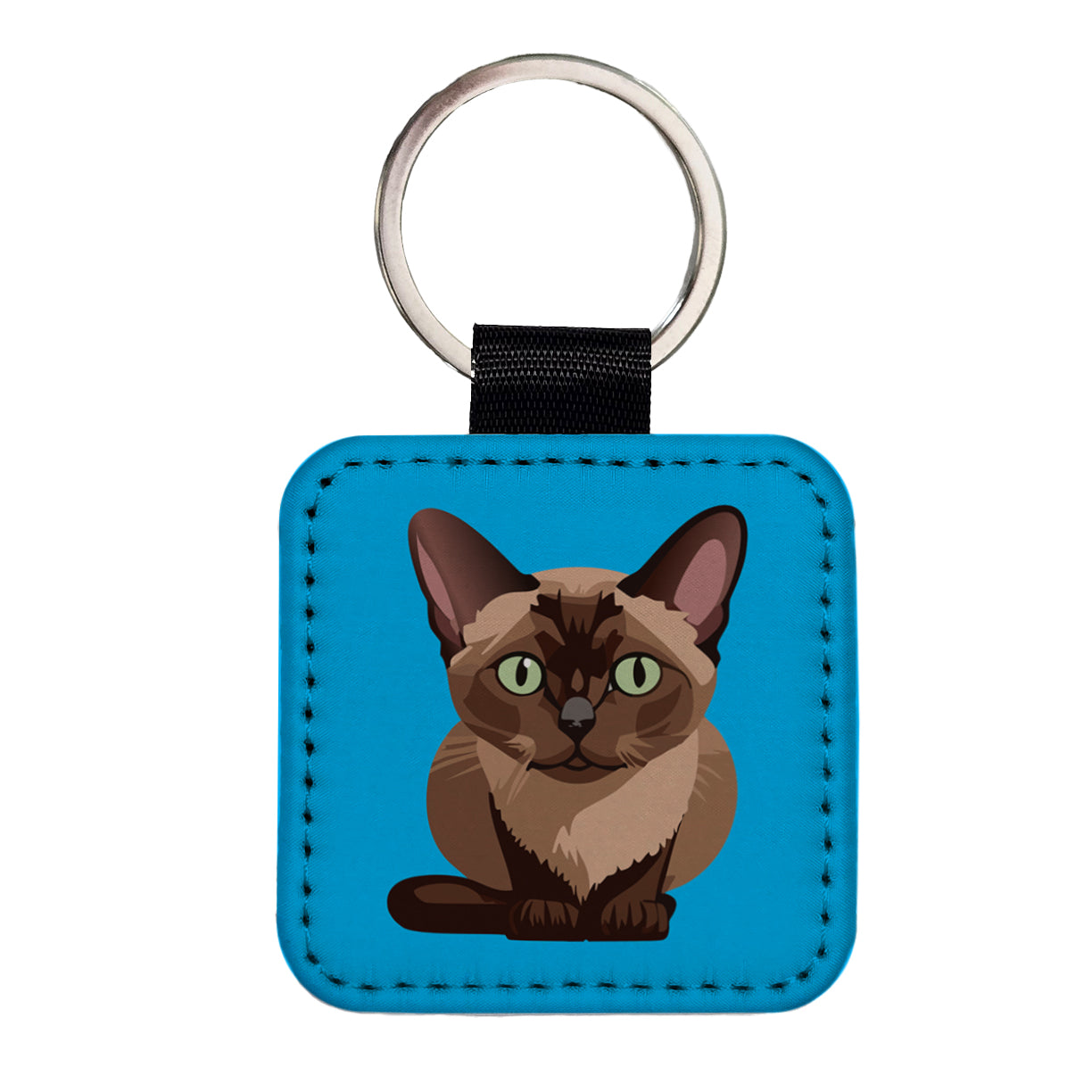 Burmese Cat Crouched Square Faux Leather Keychain