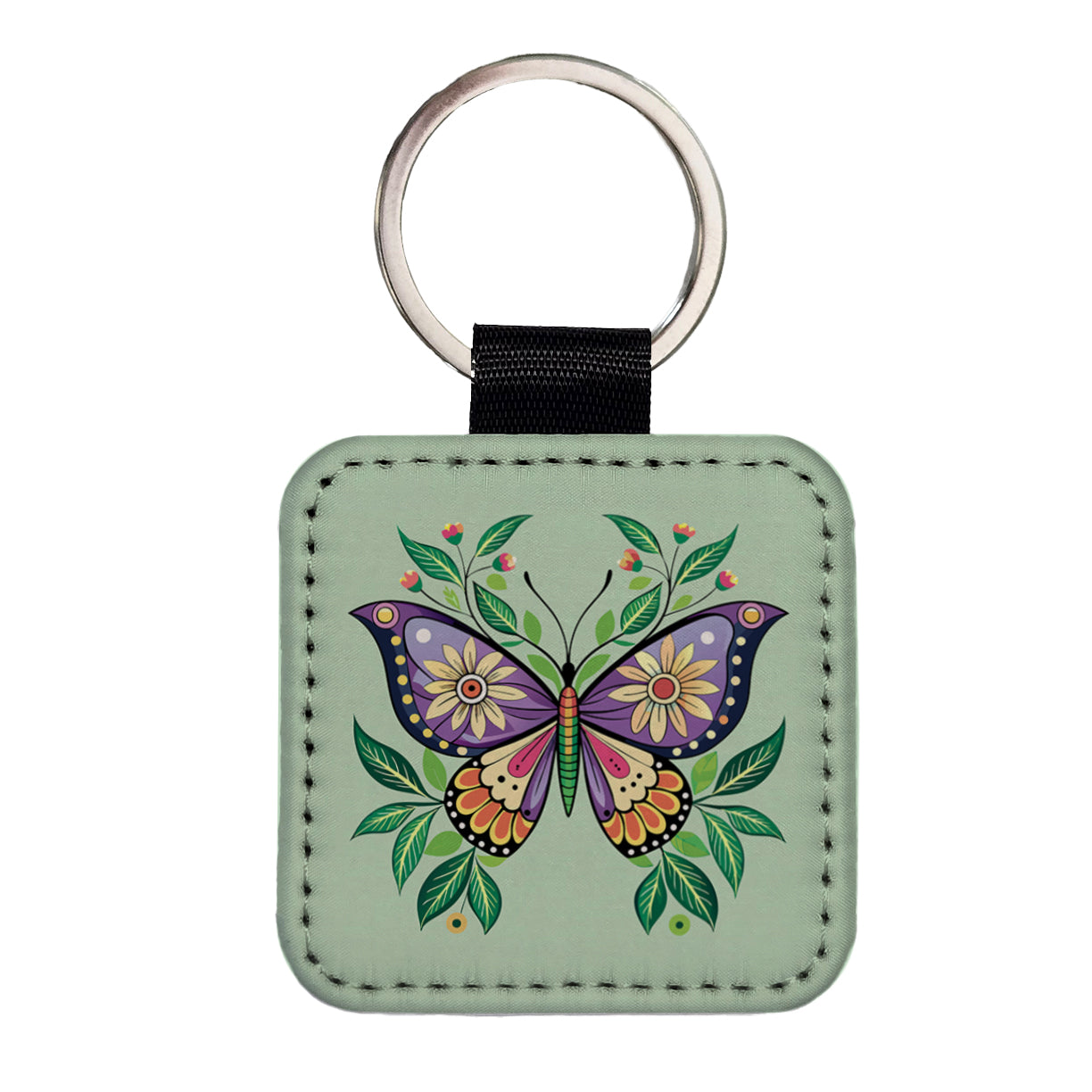 Butterfly Floral Flowers Square Faux Leather Keychain