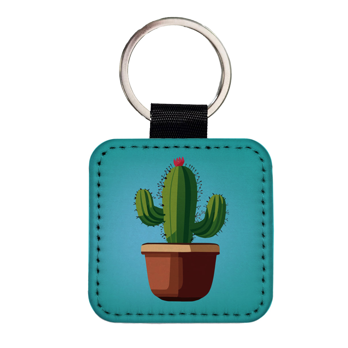 Cactus in Pot Square Faux Leather Keychain