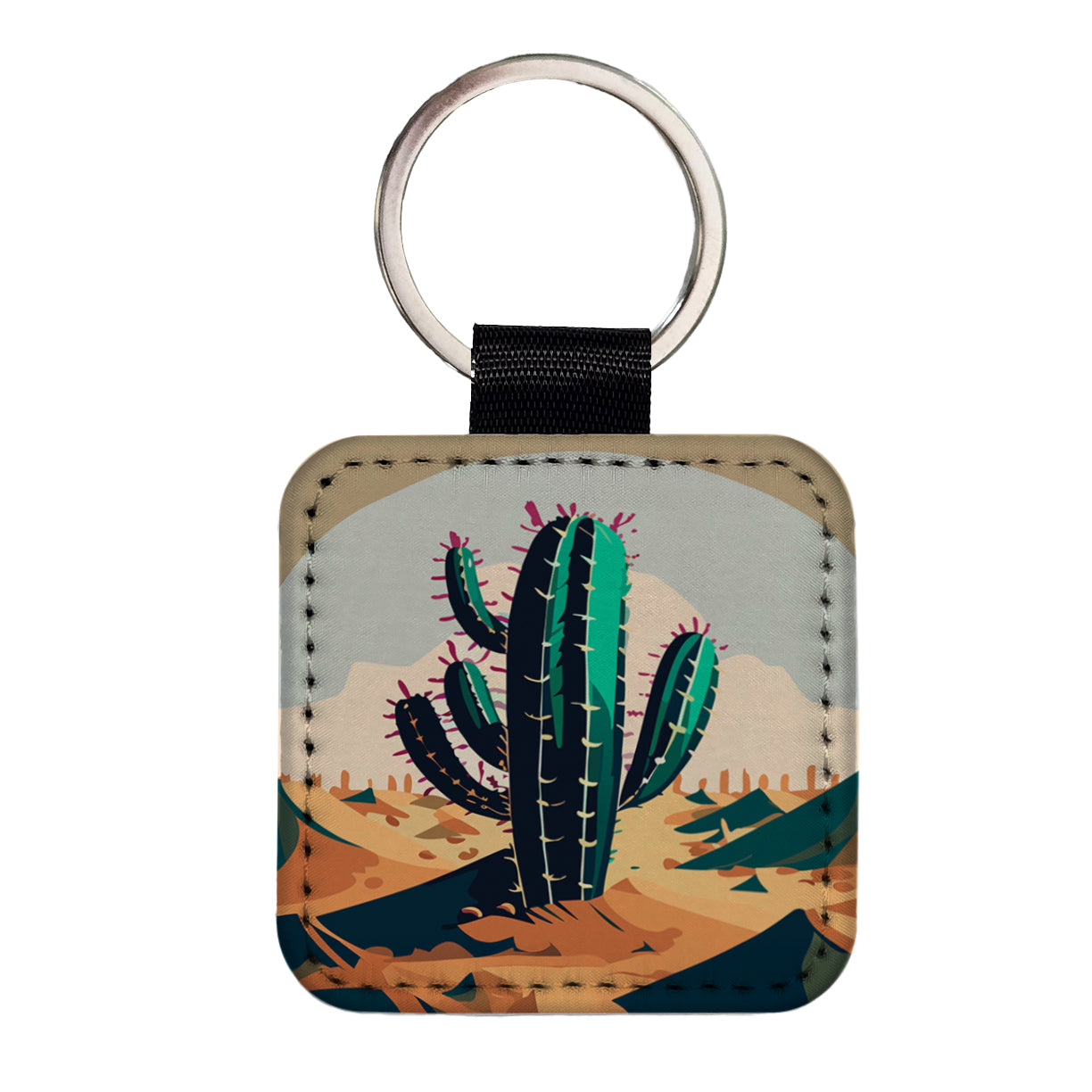 Cactus in the Desert Southwest Square Faux Leather Keychain
