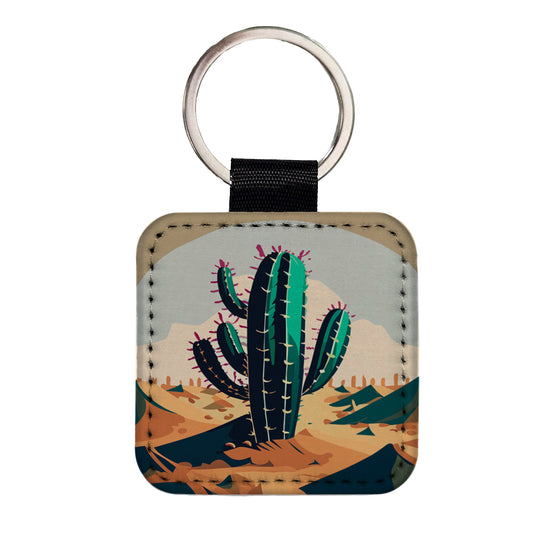 Cactus in the Desert Southwest Square Faux Leather Keychain