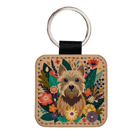 Cairn Terrier Dog Floral Flowers Square Faux Leather Keychain