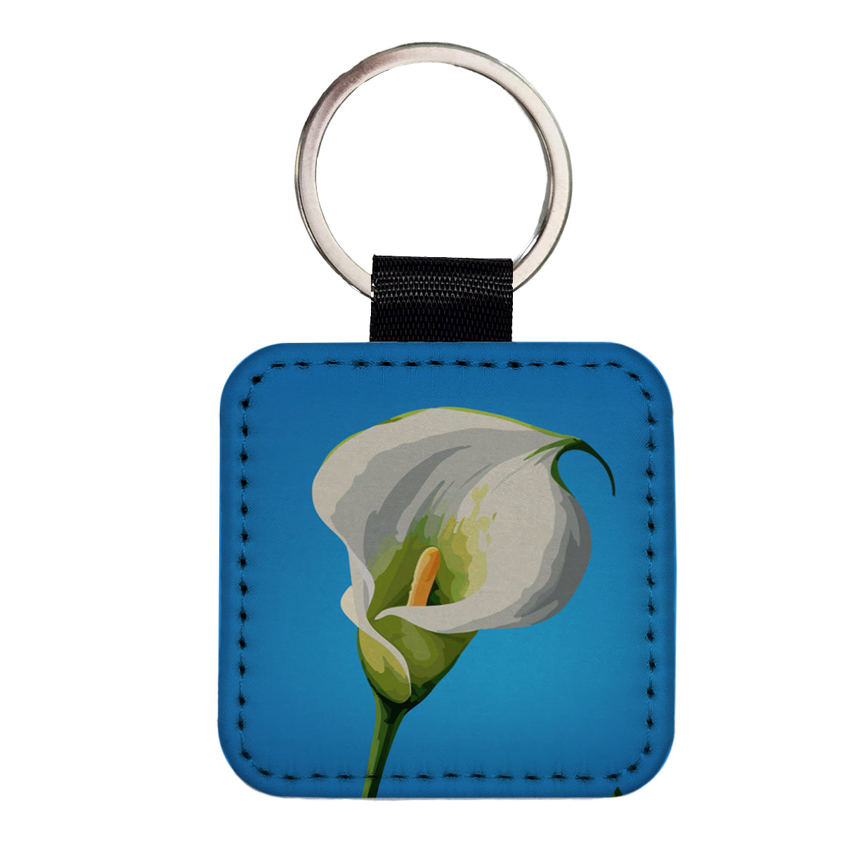 Calla Lily Flower White Square Faux Leather Keychain