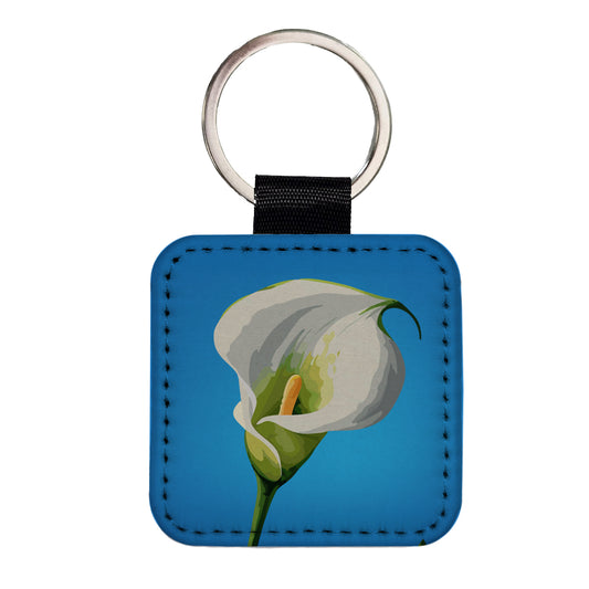 Calla Lily Flower White Square Faux Leather Keychain