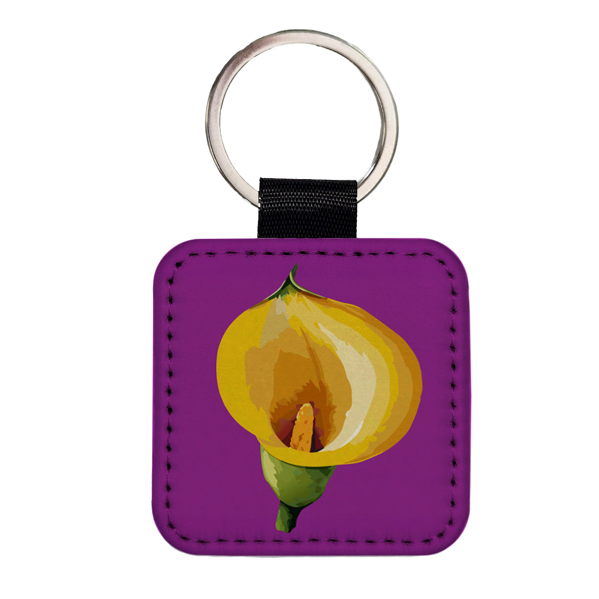 Calla Lily Flower Yellow Square Faux Leather Keychain