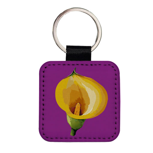 Calla Lily Flower Yellow Square Faux Leather Keychain