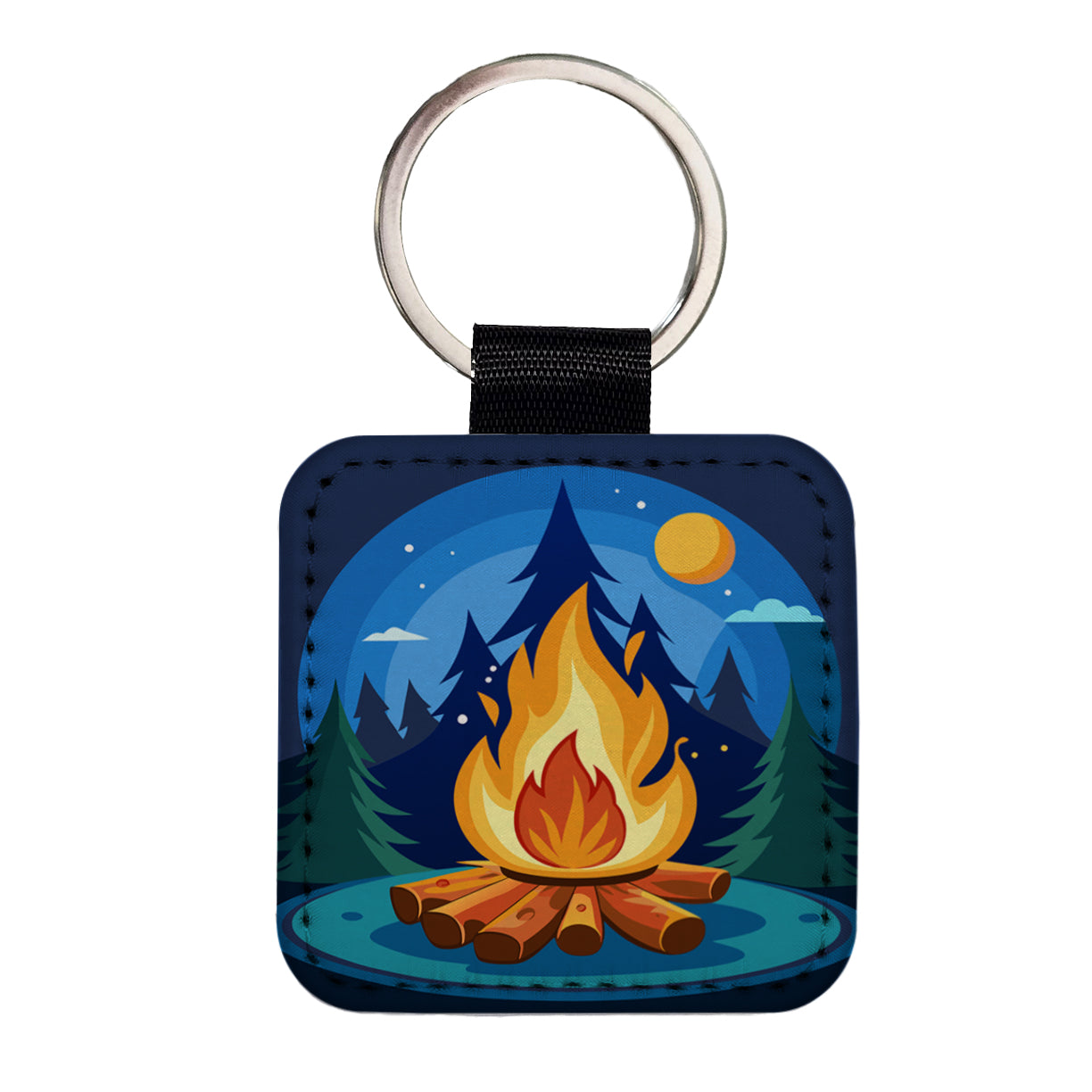 Camp Fire Camping Square Faux Leather Keychain