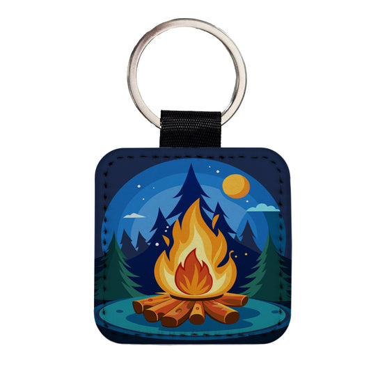 Camp Fire Camping Square Faux Leather Keychain