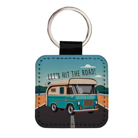 Camper RV Retro Vintage Traveling Hit the Road Camping Square Faux Leather Keychain