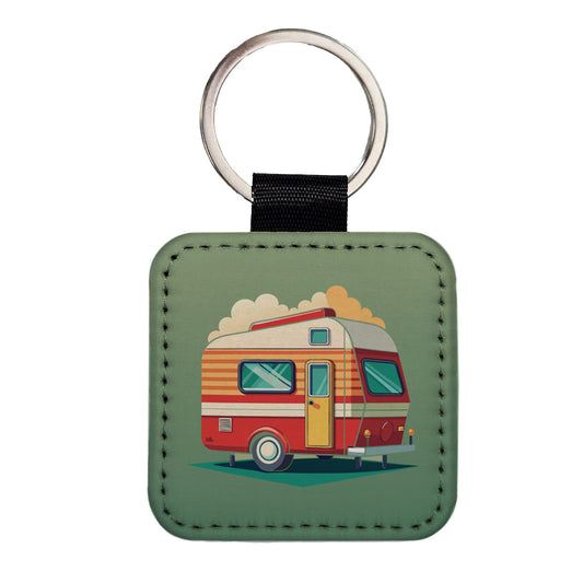 Camper RV Trailer Retro Square Faux Leather Keychain