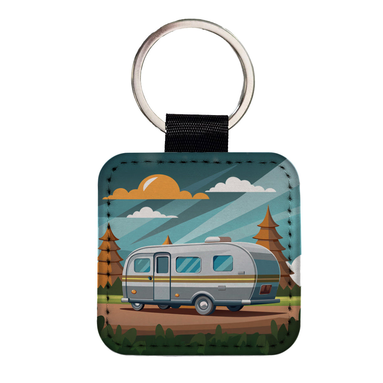 Camper RV Trailer Traveling Road Trip Square Faux Leather Keychain