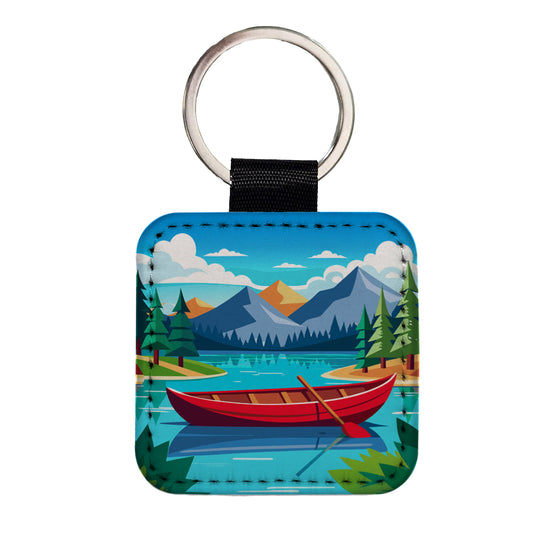Canoe on Lake Red Square Faux Leather Keychain