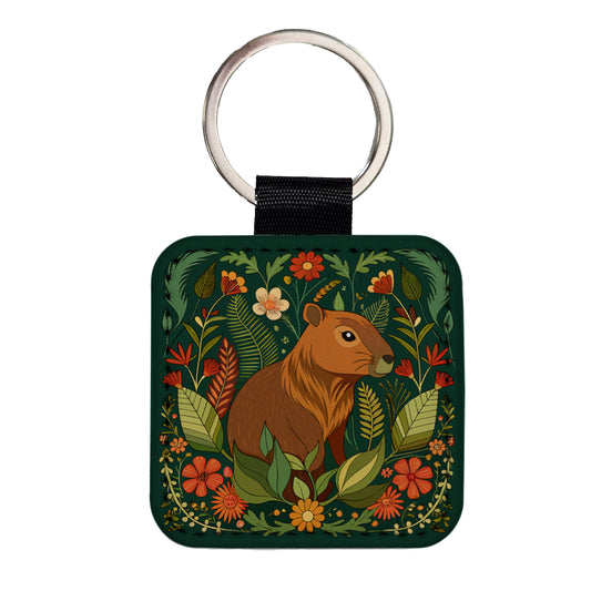 Capybara Botanical Art Nouveau Square Faux Leather Keychain