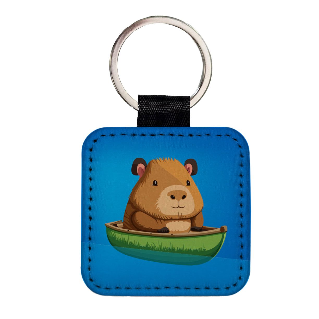 Capybara Canoeing Canoe Funny Square Faux Leather Keychain