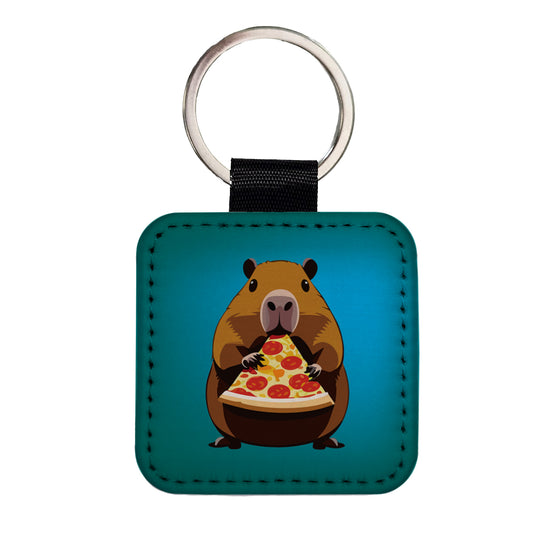 Capybara Eating Pizza Funny Square Faux Leather Keychain
